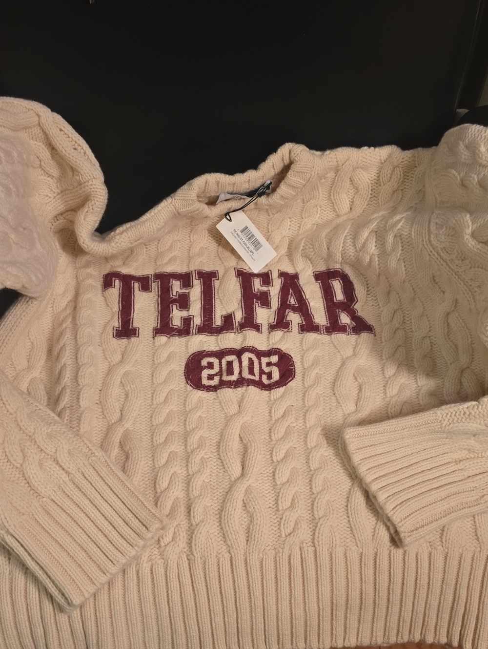 Telfar Cream Cable Knit Crew Sweater with Burgundy Logo
